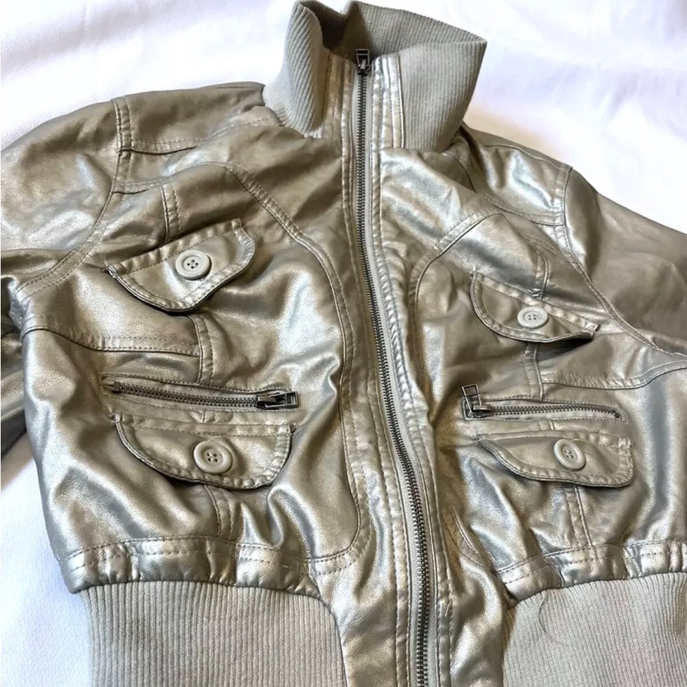 Last Kiss Moto Biker Jacket Womens Large Gold Faux Leather Short Vegan RARE